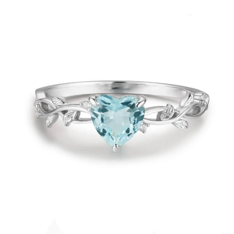 925 Ayar Gümüş Rodyum Kaplama Aquamarine Taşlı Kalp Yüzük