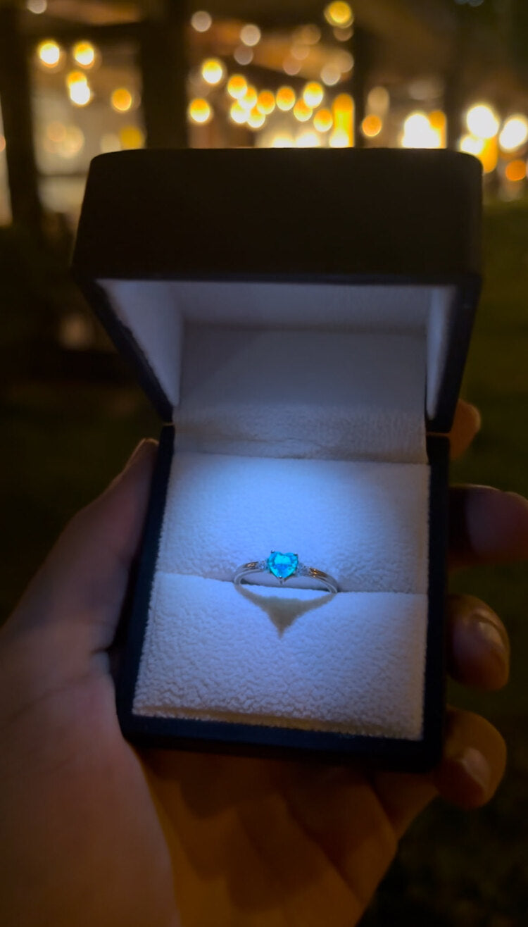 925 Ayar Gümüş Gece Parlayan Aqua Kalp Yüzük