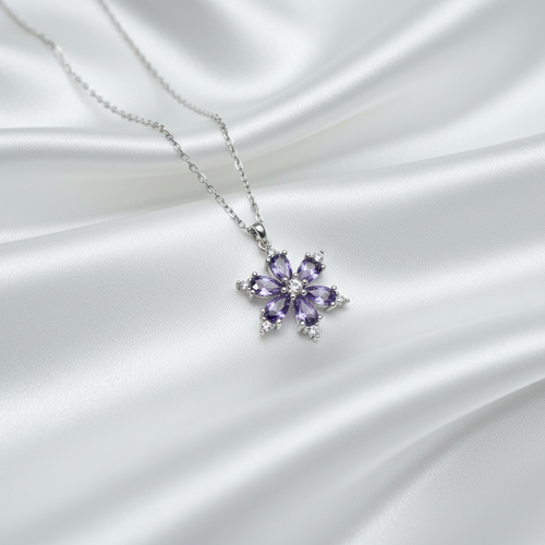 Mor Ametist Çiçek Kolye - Çapraz Görünüm