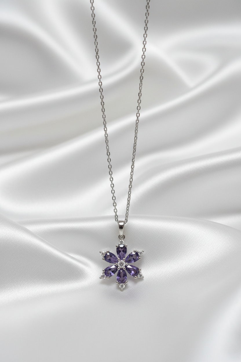 Mor Ametist Çiçek Kolye - Dik Görünüm