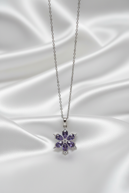 Mor Ametist Çiçek Kolye - Dik Görünüm