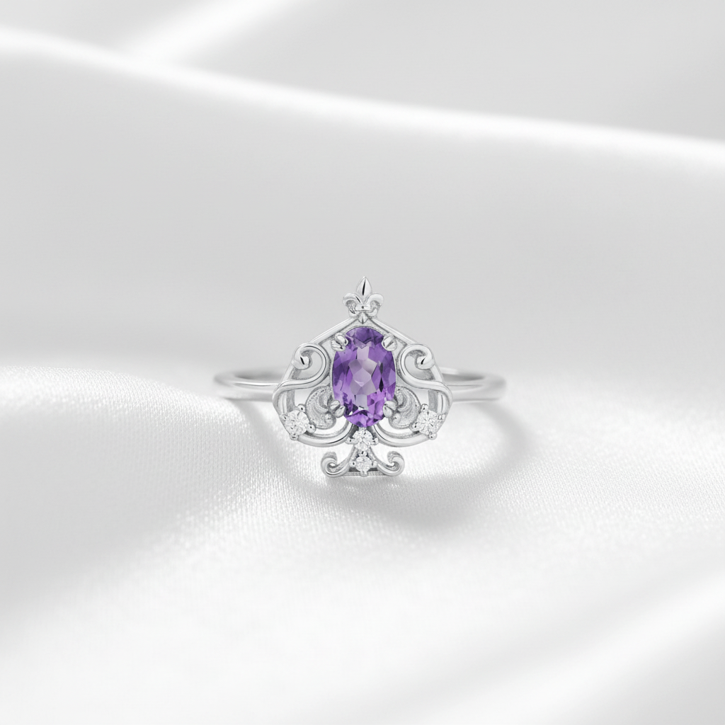 Mor Ametist Taşlı Gümüş Yüzük - Beyaz Saten Arka Plan
