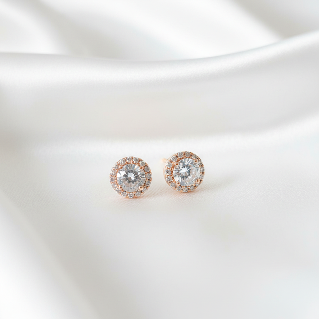 Rose Gold Halo Küpeler - Beyaz Saten